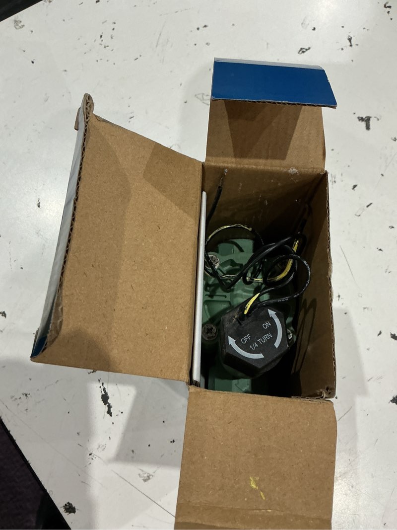 Condition photo showing As Is for orbit 1-in plastic electric inline irrigation valve