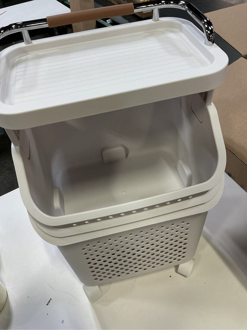 Condition photo showing Good Condition for bathroom laundry basket, stackable rolling laundry hamper, laundry sorter with 4 wheels, clothes storage basket, storage cart, household organizer for home, kitchen, bathroom (3 tier)