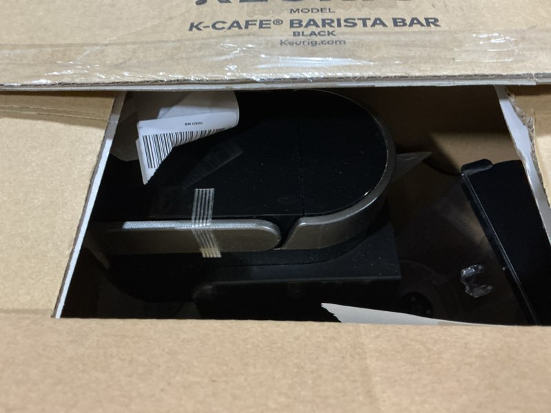Condition photo showing As Is for keurig k-café barista bar single serve coffee maker and frother, with 3 brew sizes, hot and cold coffee capabilities, 2oz coffee shot button, black
