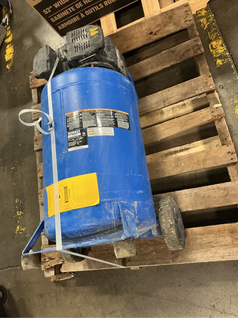 Condition photo showing As Is for kobalt 20-gallon portable electric 175 psi vertical air compressor