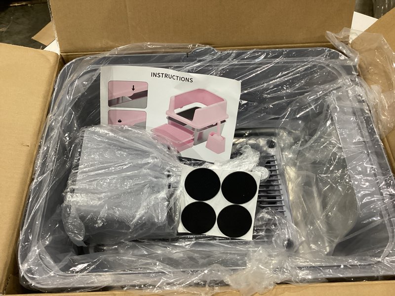 Condition photo showing Good Condition for rizzari cat litter box: pink stainless steel won’t trap odors - easy rinse clean non-porous - open top design - 11.6" high sides - 17.3"x13.5" - with scoop - studio apartment/bathroom gray