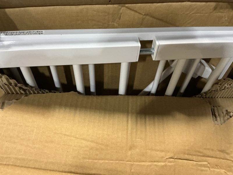Condition photo showing As Is for comomy 36" extra tall baby gate for stairs doorways, fits openings 29.5" to 48.8" wide, auto close extra wide dog gate for house, pressure mounted easy walk through pet gate with door, white