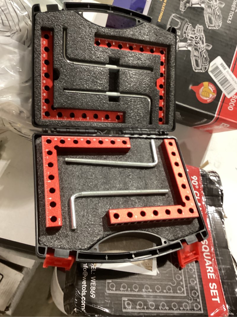 Condition photo showing New/Like New for wetols corner clamps for woodworking, 4pcs 5.5" aluminum alloy right angle clamp, spreader positioning squares with 6-sided scales, 90 degree clamp for cabinets, drawers, shelves, frames red