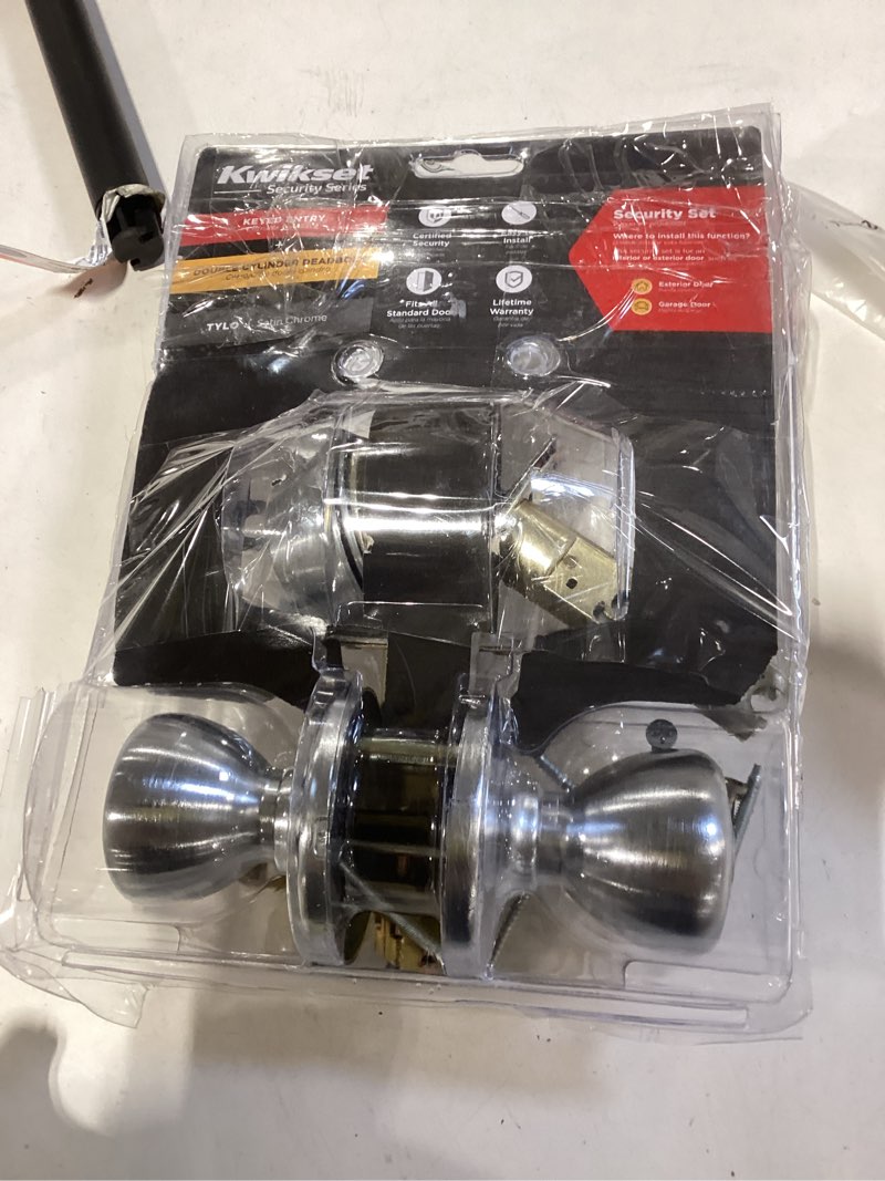 Condition photo showing As Is for kwikset tylo satin chrome exterior double-cylinder deadbolt keyed entry door knob combo pack