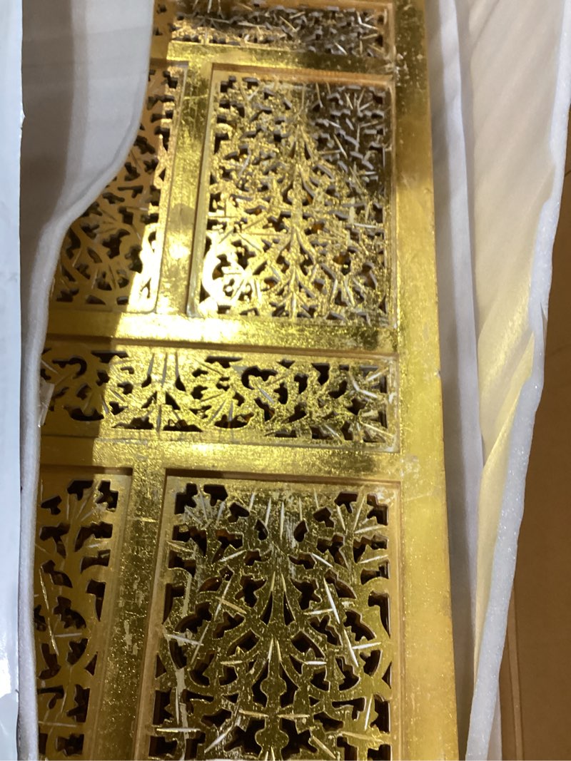 Condition photo showing As Is for deco 79 wooden floral handmade partition room divider screen foldable partition 4 panel privacy screen with foiled intricately carved designs, room partition 80" x 1" x 71", gold
