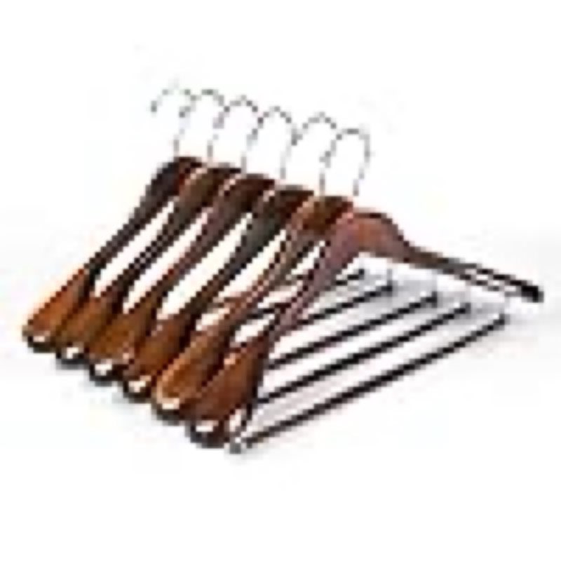 luxury wide shoulder wooden hangers 6 pack, with locking bar, smooth retro finish wood suit hanger coat hanger for closet, holds up to 20lbs, 360° swivel hook, for jacket, dress heavy clothes hangers