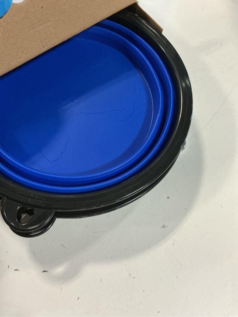 Condition photo showing Good Condition for kytely large collapsible dog bowls 2 pack, 34oz foldable dog travel bowl, portable pet water food bowl with clasp, pet cat feeding cup dish for traveling, walking, hiking (black+blue)