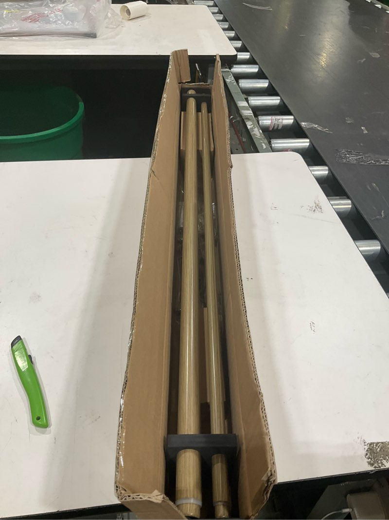 Condition photo showing New/Like New for oak wood grain window rods, double curtain rod 36-72” telescoping length 1inch diameter front poles and 5/8inch diameter back poles oak wood 36-72"