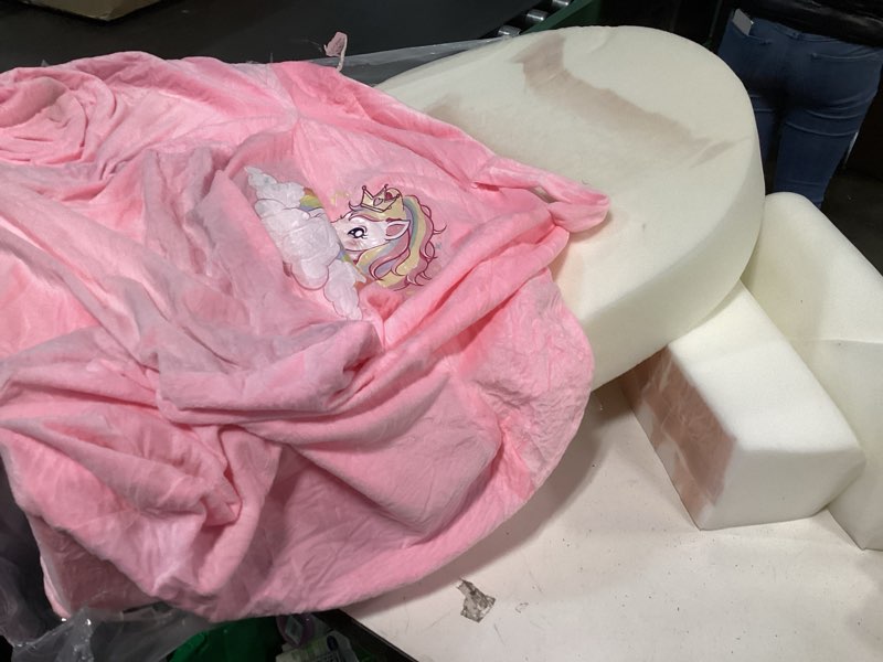 Condition photo showing As Is for Unicorn Kids Sofa Bed with Removable Washable Cover & ??Hook and Loop?? Backrest – Foldable Toddler Chair, Cozy Crystal Velvet Furniture for Playtime, Naps & Travel (Pink, Unicorn Design) Unicorn-pink