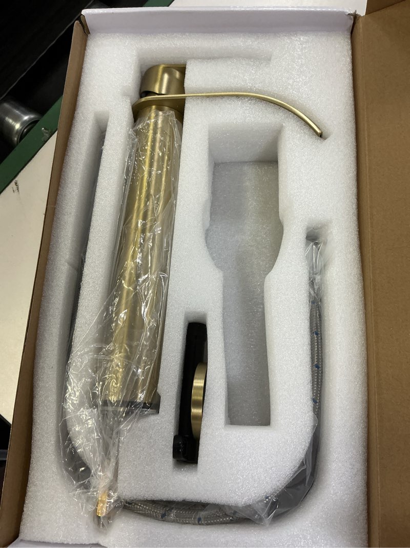 Condition photo showing As Is for Brushed Gold Vessel Sink Faucet, High Bathroom Sink Faucet, High Waterfall Bathroom Faucet, Single Handle Basin Faucet, Come with Water Hose and Metal Pop Up Drain Without Overflow Hole Tall Brushed Gold