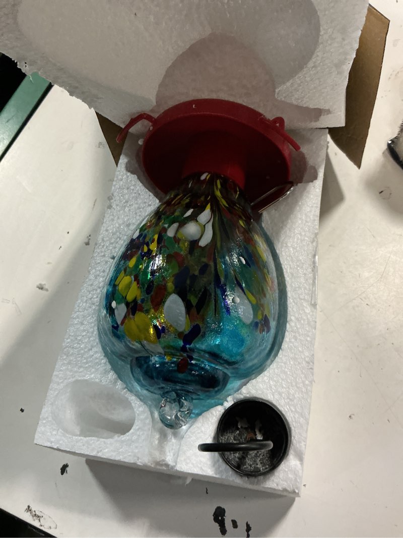 Condition photo showing New/Like New for colorful glass wild bird waterer 32 oz bird water feeder for outdoors garden outside water cooler tree yard decoration (blue-fire)