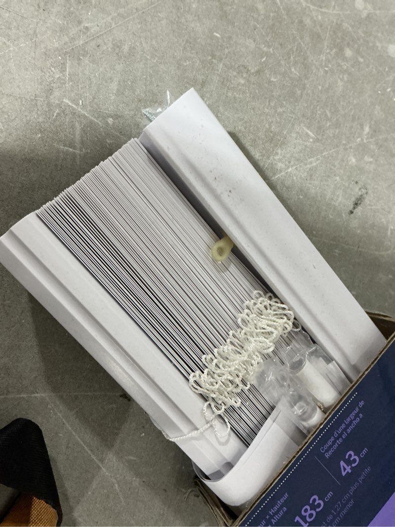 Condition photo showing As Is for levolor trim+go 1-in slat cordless white vinyl room darkening full-view standard mini blinds