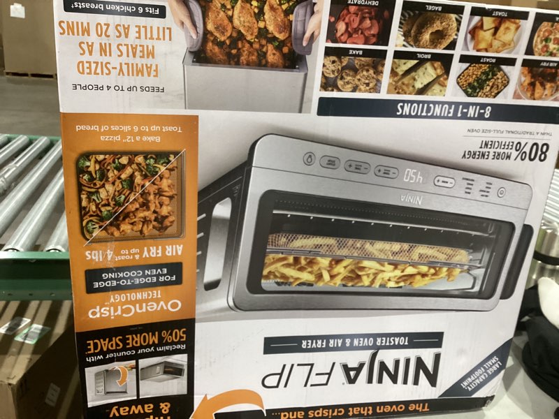 Condition photo showing As Is for Ninja Air Fryer Toaster Oven Combo | 8-in-1 Functionality | Flip Up & Away for Storage Space | Air Fry Basket, Sheet Pan, Wire Rack & Removable Crumb Tray |1800 Watt | Stainless Steel | SP151 Stainless Premium 8-in-1 Flip Oven