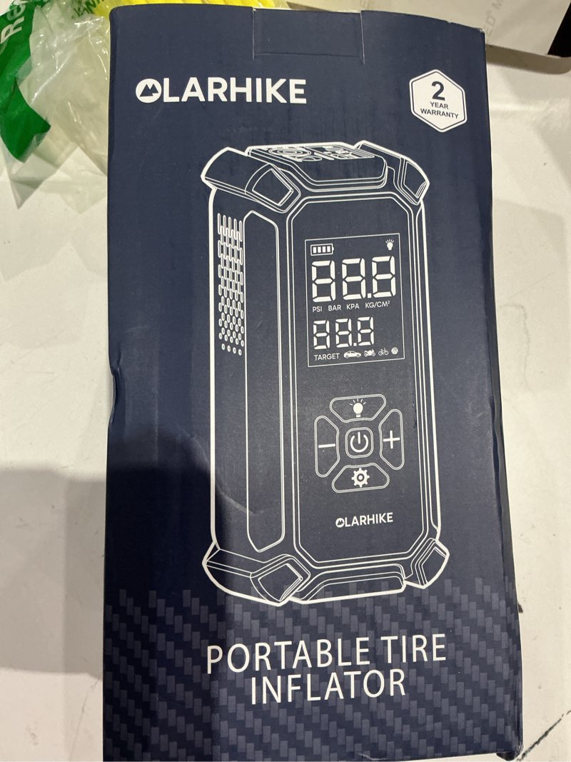 Condition photo showing New/Like New for olarhike cordless tire inflator portable air compressor, 150psi dual power - 6000mah & 12v dc, air pump for car tires, bike, motorcycle, with luxurious storage case, car gifts
