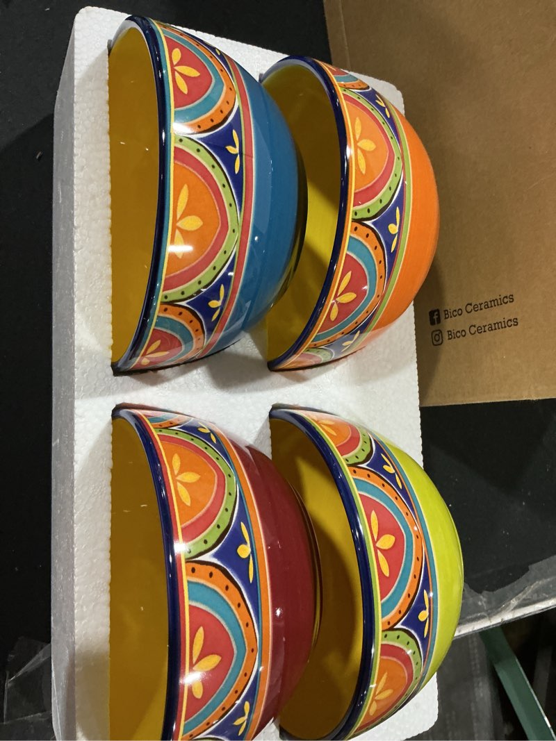 Condition photo showing New/Like New for Bico Tunisian Cereal Bowls Set of 4, 26 oz Deep Ceramic Soup Bowls for Cereal, Salad, Noodles, Kitchen, Microwave and Dishwasher Safe, Gift for Housewarming and Thanksgiving