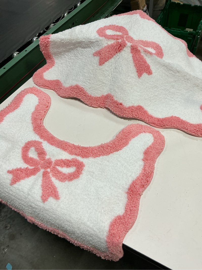 Condition photo showing Good Condition for coquette bath mat set - 2pcs soft & absorbent microfiber bath rugs, non-slip tpr backing, washable bathroom mats with cute bow design, for bathroom, shower, tub, and sink - pink