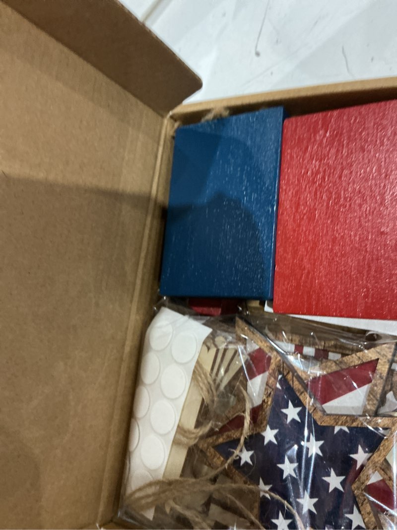 Condition photo showing Good Condition for fairysandy 13 pcs memorial day decorations american 4th of july patriotic tiered tray decor rustic 250th anniversary farmhouse table wooden sign usa flag star red white blue for independence day party stripe