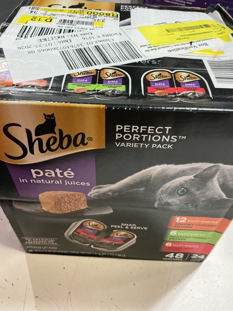 Condition photo showing New/Like New for (bb/05/27/2028)sheba perfect portions pate chicken,turkey and beef premium wet cat food all stages - 2.6oz/24ct variety pack