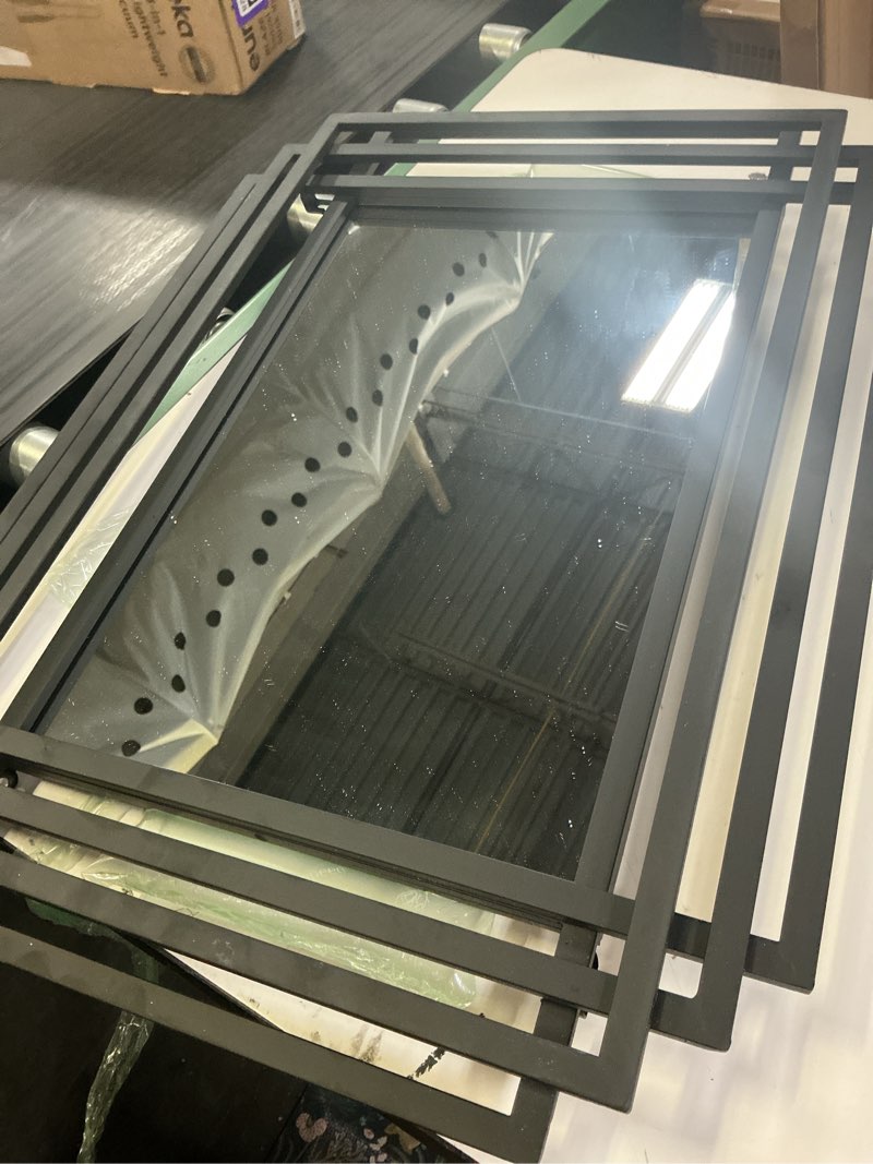 Condition photo showing Good Condition for rectangle vanity mirror, 24"x18" geometric art wall mirrors with metal frame, modern elegant decorative mirrors for bathroom living room bedroom entryway fireplace hallway black 24"l x 18"w