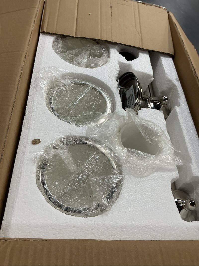 Condition photo showing Good Condition for livex lighting 40213-35 middlebush collection 3-light bathroom vanity light with double shaded hand crafted glass shades, polished nickel, 23.5 x 6.5 x 9 polished nickel 23.5 x 6.5 x 9