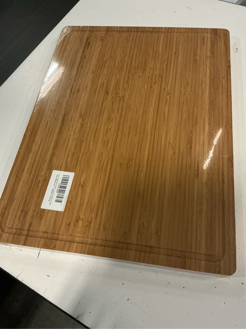 Condition photo showing New/Like New for xl cutting board for kitchen, 20x15\" extra large, 1\" thick bamboo wood butcher chopping block, cheese board, durable reversible with juice grooves and handles