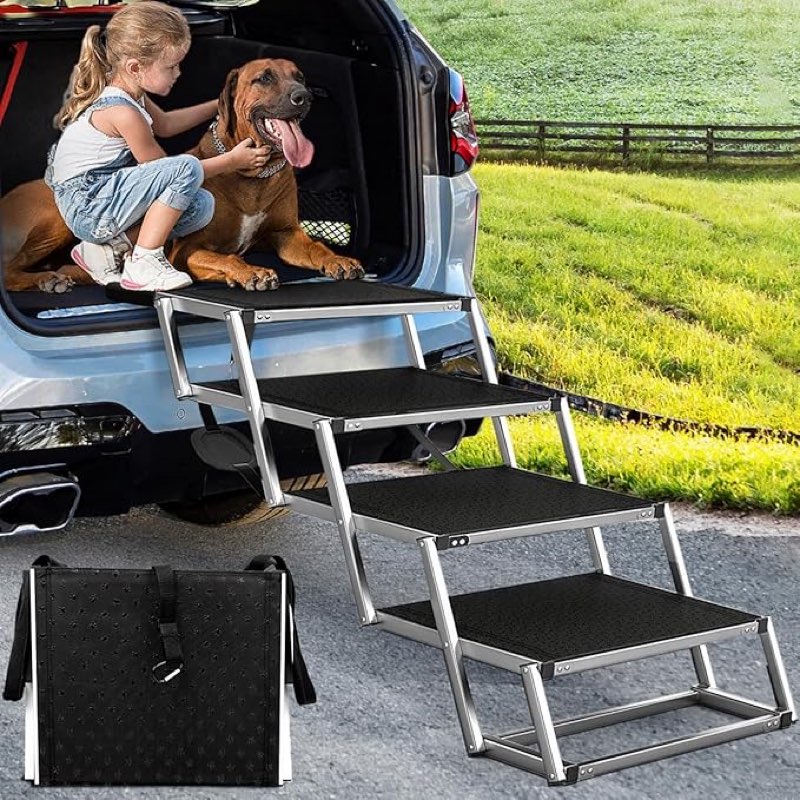 Dog Car Ramp for Large Dogs, Foldable Dog Steps Aluminum Dog Ramps, Dog Stairs with Nonslip Surface 