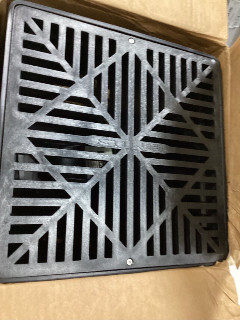 Condition photo showing Good Condition for nds 1200bkitrtl1pk square catch basin drain kit with 2-opening catch basin drain, 2 adapters, 1 outlet plug, and 1 plastic drain grate, 12-inch, for lawns, landscaped areas, black