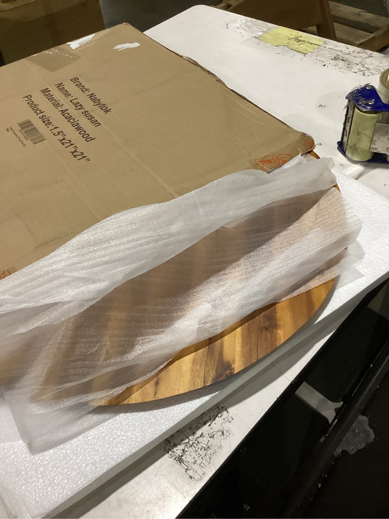 Condition photo showing As Is for 21" acacia wood turntable organizer | lazy susan for table top, cabinet or pantry | wooden rotating tray for kitchen countertop, durable, easy to clean, no assembly needed 21" x 21"