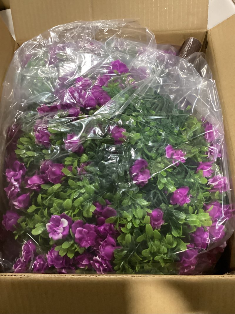 Condition photo showing Good Condition for 25" Artificial Boxwood Topiary Ball Trees with Purple RoseFlowers, Set of 2 UV Resistant No Fade Outdoor Faux Plants with Ground Spike, Fake Shrubs for Garden, Patio, Porch, Yard, Indoor