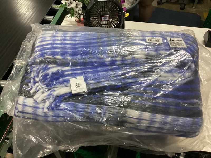 Condition photo showing As Is for hugger mugger recycled plaid yoga blanket - use as a yoga prop, made from recycled materials, very soft, supportive, extra thick, warm and cozy blue
