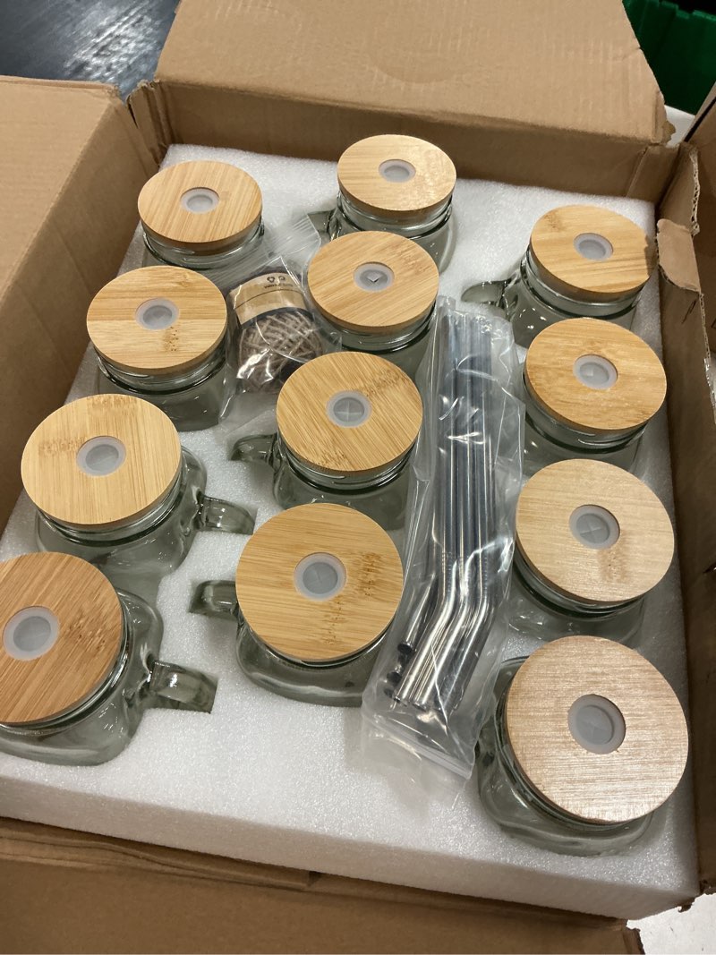 Condition photo showing Good Condition for tanglong 16 oz mason jars with handle, mason jar cups, glass cups with lids and straws, drinking glasses set of 12 16 oz mason jar with bamboo lids