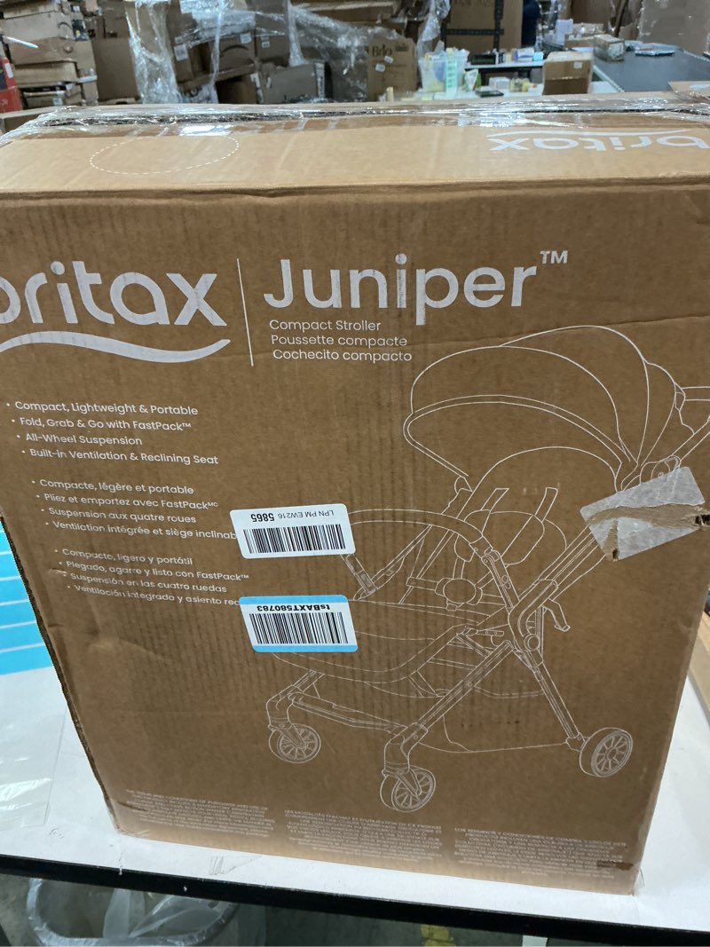 Condition photo showing New/Like New for Britax Juniper Compact On-The-Go Stroller, Effortless Fastpack System with One-Hand RapidFold, Portable & Lightweight for Travel, Built-in Carry Handle, Ventilating Fabrics, Raven Black