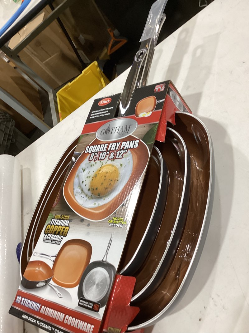 Condition photo showing Good Condition for simple deluxe 3 pieces nonstick grill pan set, square versatile griddle pans with wooden handle, durable skillet indoor & outdoor use, all stovetops compatible(9.5", 10.2", 11"), pfoa free, black black 3 pcs