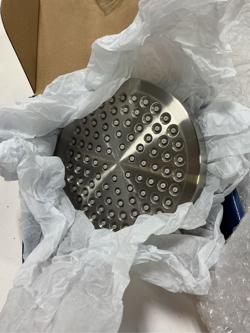 Condition photo showing New/Like New for high pressure shower head - anti-clogging silicone nozzles 2.5 gpm removable restrictor - easy to clean and install - includes plumbers tape - 6 inch - (brushed nickel 2.5gpm)