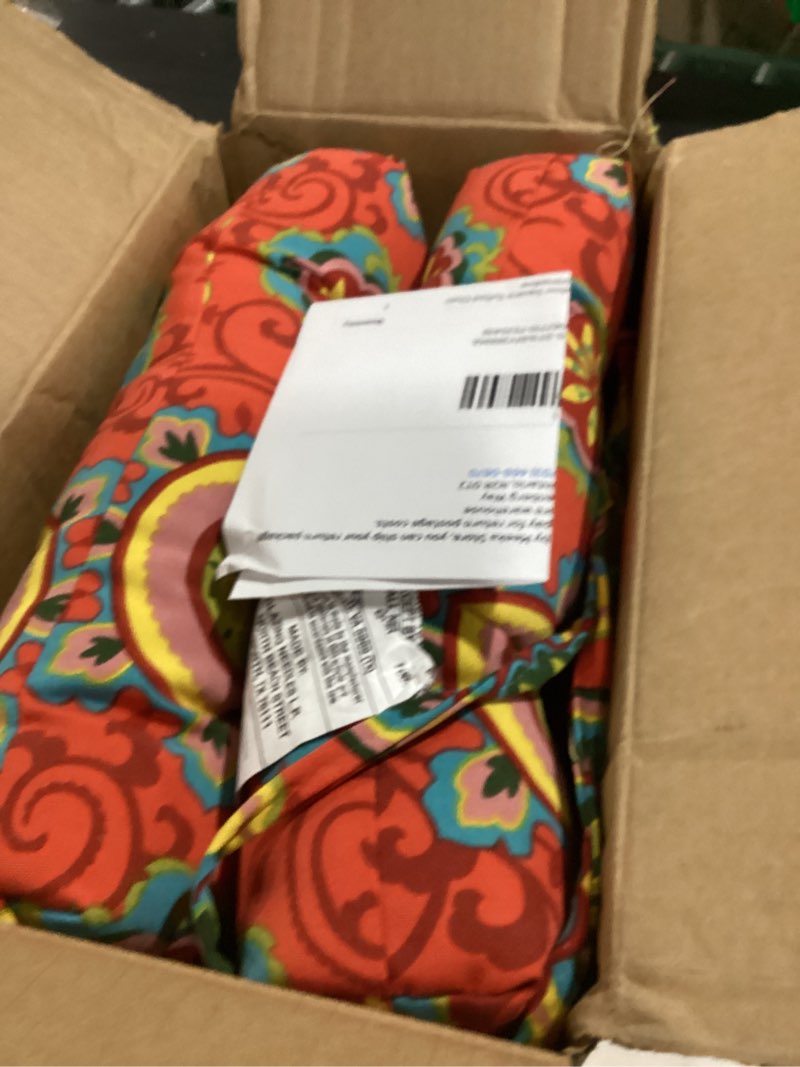 Condition photo showing As Is for blazing needles spun polyester patterned outdoor square tufted chair cushions set, set of 2, 16", farrington terrace grenadine