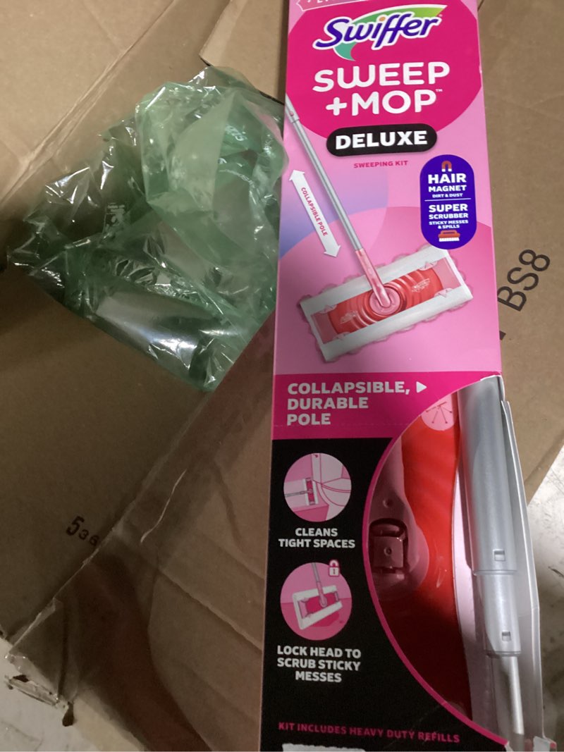 Condition photo showing As Is for swiffer sweep and mop deluxe, limited edition pink wicked: for good, 2-in-1 floor mopping and sweeping kit, 1 sweeper device, 5 heavy duty dry sweeping cloths, 3 heavy duty wet mopping cloths wicked pink deluxe starter kit