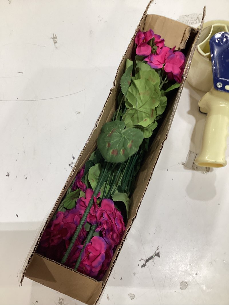 Condition photo showing Good Condition for artificial geranium fake flowers for outdoors decoration, 6 bundles silk geraniums flower uv resistant look real faux plants for outside planter front door garden patio balcony yard home, fuchsia 6 fuchsia