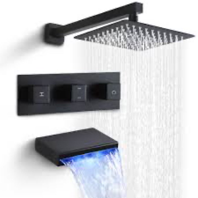 SKOWLL 3 Handle Tub Shower Faucet, 12 Inch Overhead Shower Head with Handheld Wall Mount Black Showe