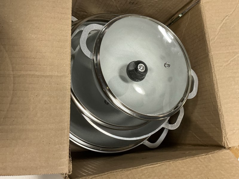 Condition photo showing As Is for imusa caldero stock pot with glass lid 3pc set, 1.5/2.5/5.2qt, cast aluminum, perfect for serving medium & small groups, riveted handles, made in colombia, silver. glass lid 1.5/2.5/5.2 quart