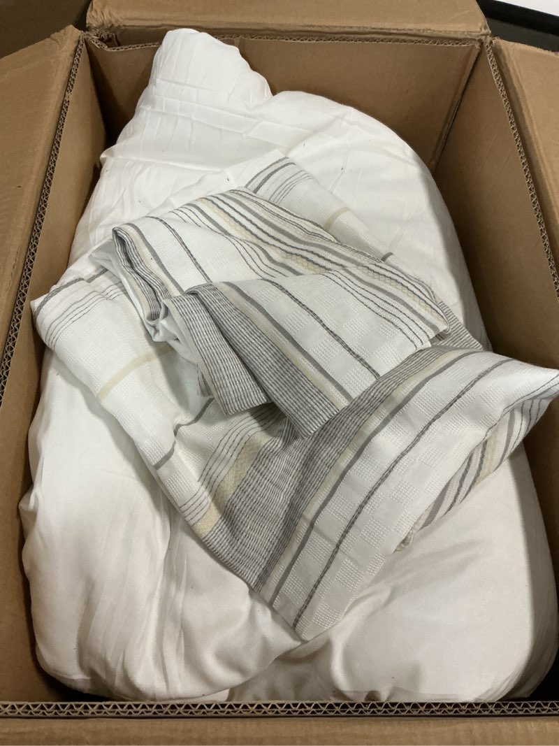 Condition photo showing As Is for amazon basics comforter set, 2-piece jacquard microfiber comforter and pillow sham, all-season bedding, twin, beige striped beige striped twin