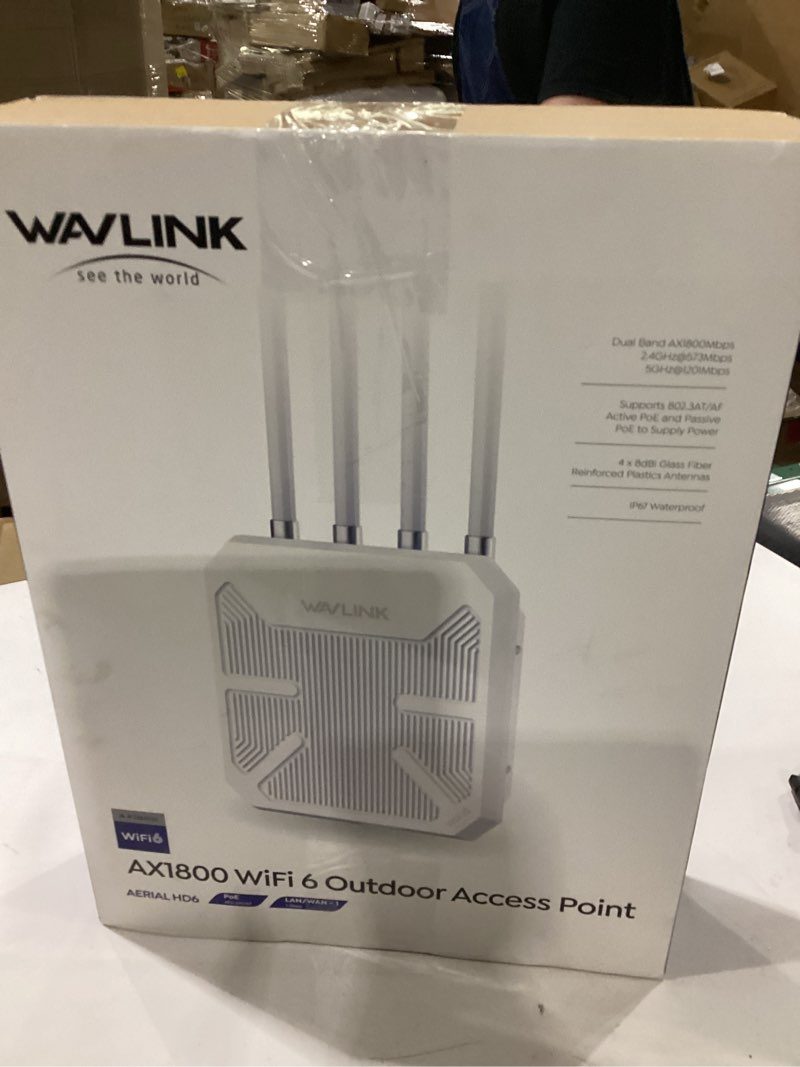 Condition photo showing New/Like New for WAVLINK AX1800 Outdoor WiFi 6 Extender, IP67 Weatherproof Outdoor Access Point, High Power Long Range WiFi Extender Signal Booster, 4x8dBi Antennas, Compatible Starlink for Farm, Yard, RV, Campsite White-AX1800