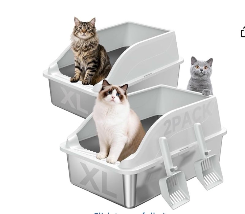 2PACK Stainless Steel Litter Box, Extra Large XL Odor Free Metal Litter Box with High Sides, Open To