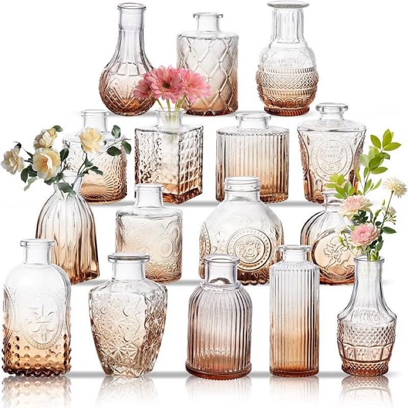 (Incomplete)(box of 14 pcs)Glass Bud Vase Set of 16, Small Flower Vases, Glass Vases for Centerpieces, Vintage Home Table Decorations Bud Vases (16 Pcs, Amber)