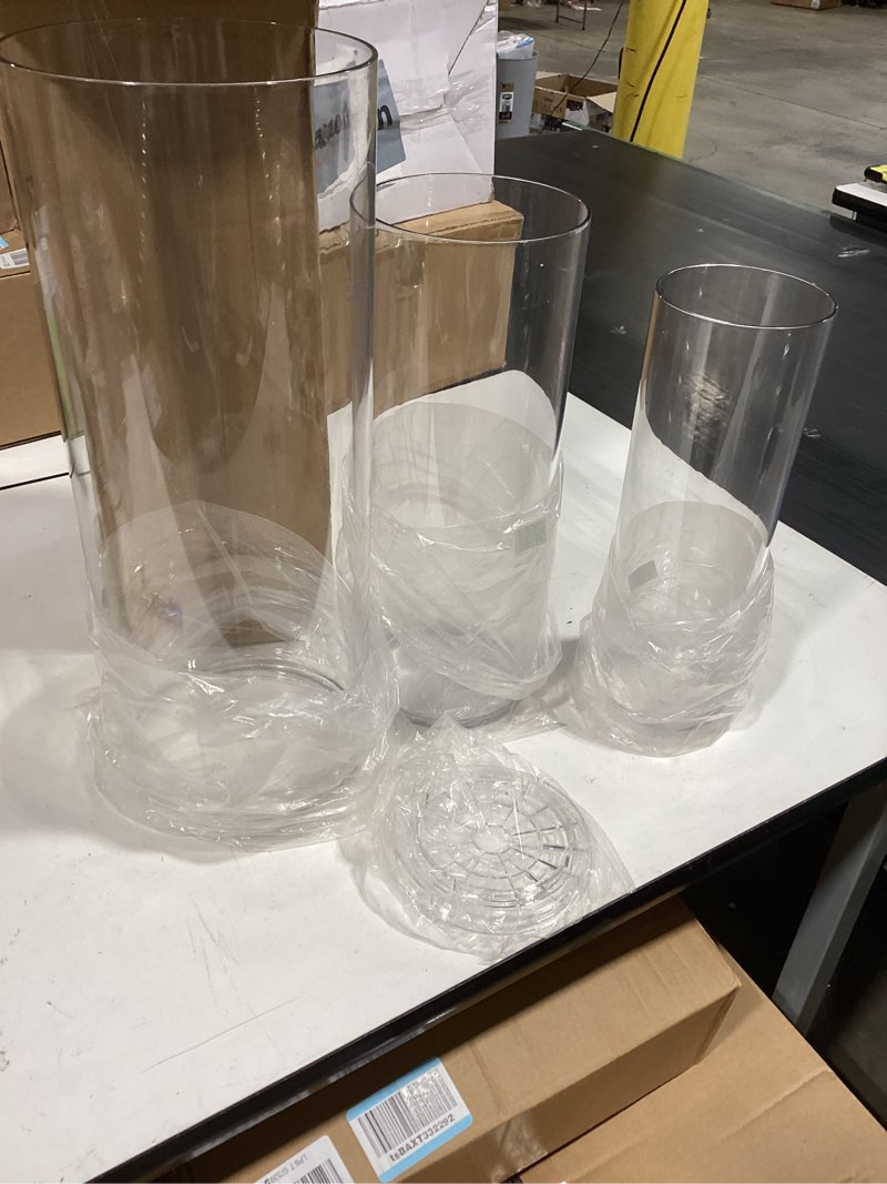 Condition photo showing Good Condition for extra large acrylic cylinder clear vase for floor, 20 in tall big wide mouth plastic unbreakable hurricane flower vases of 3 for home decor (d 8", d 6", d 4.8" + 3 holder) 3-xxl clear