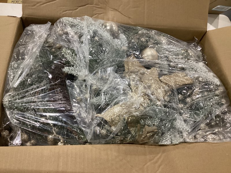 Condition photo showing New/Like New for set of 6 artificial christmas snowy tree decorations set with pine cone and frosted branches include 2 mini entrance trees, 3 wreath and 1 garlands and for indoor outdoor fireplace mantle champagne