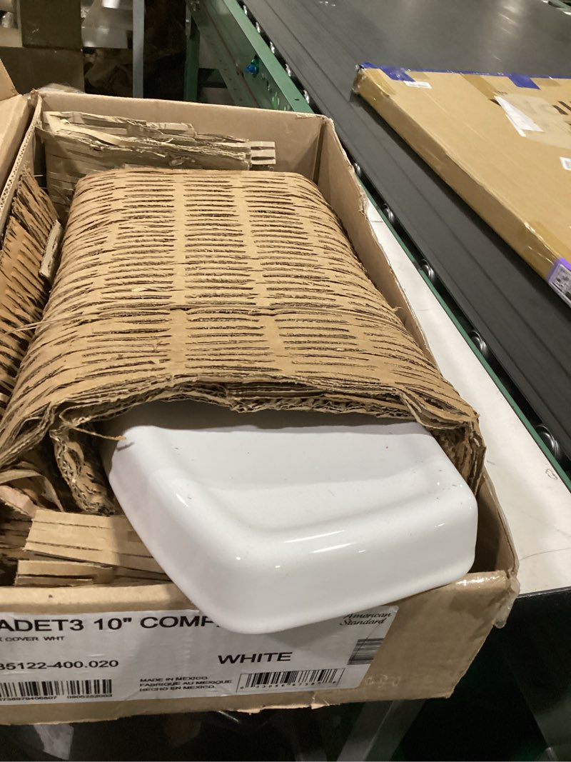 Condition photo showing As Is for american standard 735122-400.020 cadet 3 toilet tank cover, 10-in, white cadet 10 in