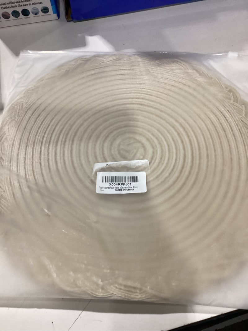 Condition photo showing New/Like New for 11.8 inch placemats,round braided placemats set of 4,non slip washable heat resistant cotton polyester circle place mats for kitchen dinner party table decoration (beige, 11.8 inch) light coffee color 12 inch
