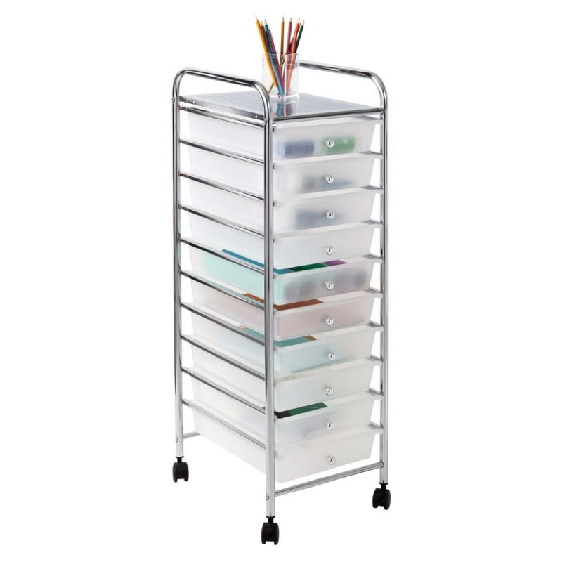 hello hobby 10-drawer multi-color rolling craft cart, clear/chrome