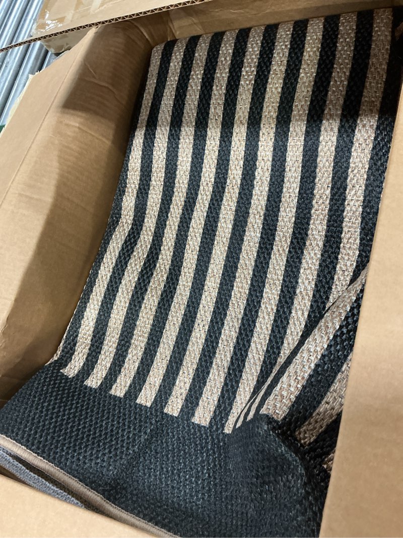 Condition photo showing Good Condition for lahome modern rainbow easy jute carpet, washable 5x7 area rugs for living room patio black farmhouse indoor outdoor rugs, contemporary natural non slip floor carpet for office rv backyard 5' x 7' (rectangular) dark grey/charcoal black