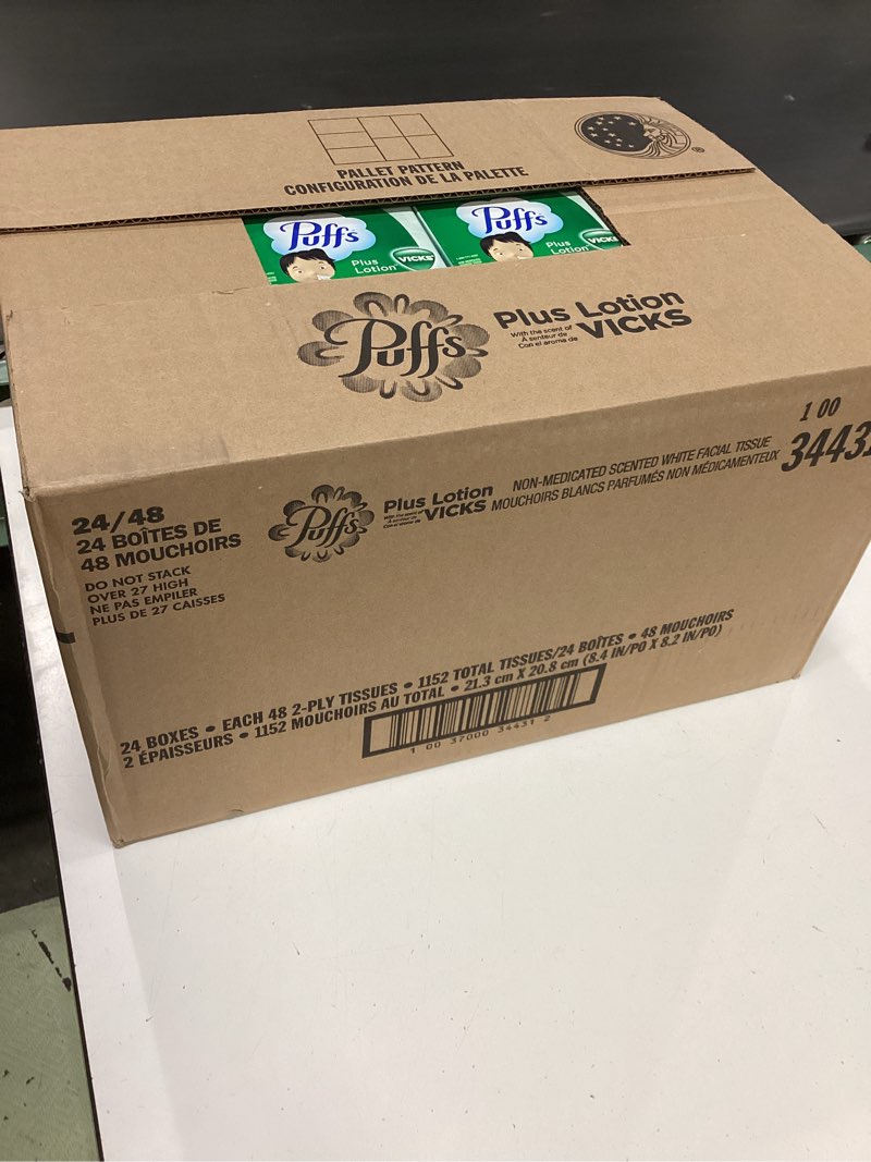 Condition photo showing New/Like New for puffs plus lotion with the scent of vicks facial tissues; 24 cube boxes included, 48 tissues per box